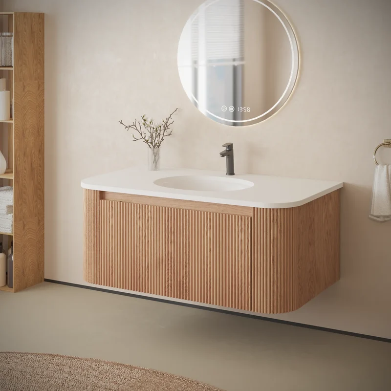 USA Free Shipping Floating Curved Bathroom Cabinet Wall Mounted 36 Inch 42 Inch Bathroom Vanity Cabinet with Countertop