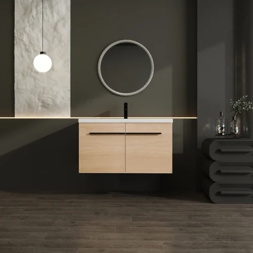 36 Inch Oak Floating Bathroom Vanity Engineered Wood Resin Integrated Sink 2 Doors US Stock Homein