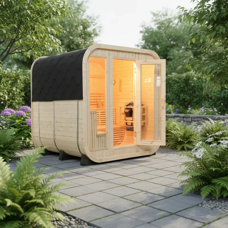 In Stock & 10% OFF: Luxury 2M Canadian White Pine Cube Sauna - Steel & Glass Frame, Backyard Spa Retreat