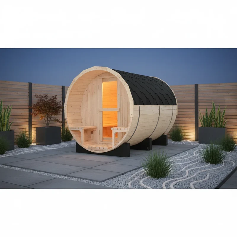 Large 6 Person Outdoor Barrel Sauna, White Pine Wooden Spa Cabin with Porch & Electric Heater USA Stock Fast Delivery