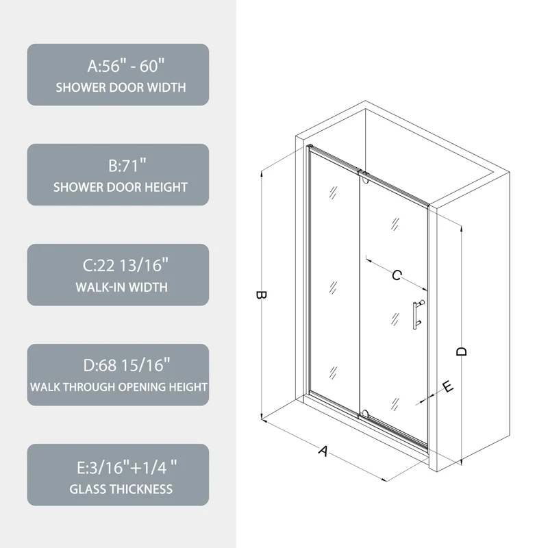 56-60" X 71" Chrome Pivot Shower Door, 1/4" SGCC Tempered Glass & Reversible Installation