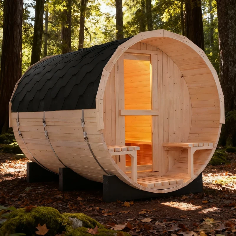 Luxury 6-Person Outdoor Barrel Sauna with Steam Generator | All-in-One Premium White Pine Home Spa Kit for Backyard Relaxation