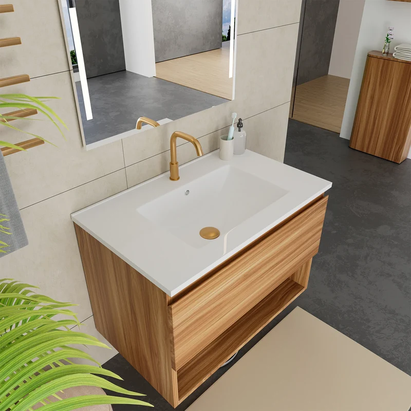 30 Inch Bathroom Vanity Cabinet With Ceramic Sink - Walnut Wall Mounted Floating Fluted Vanity With Drawers, Modern