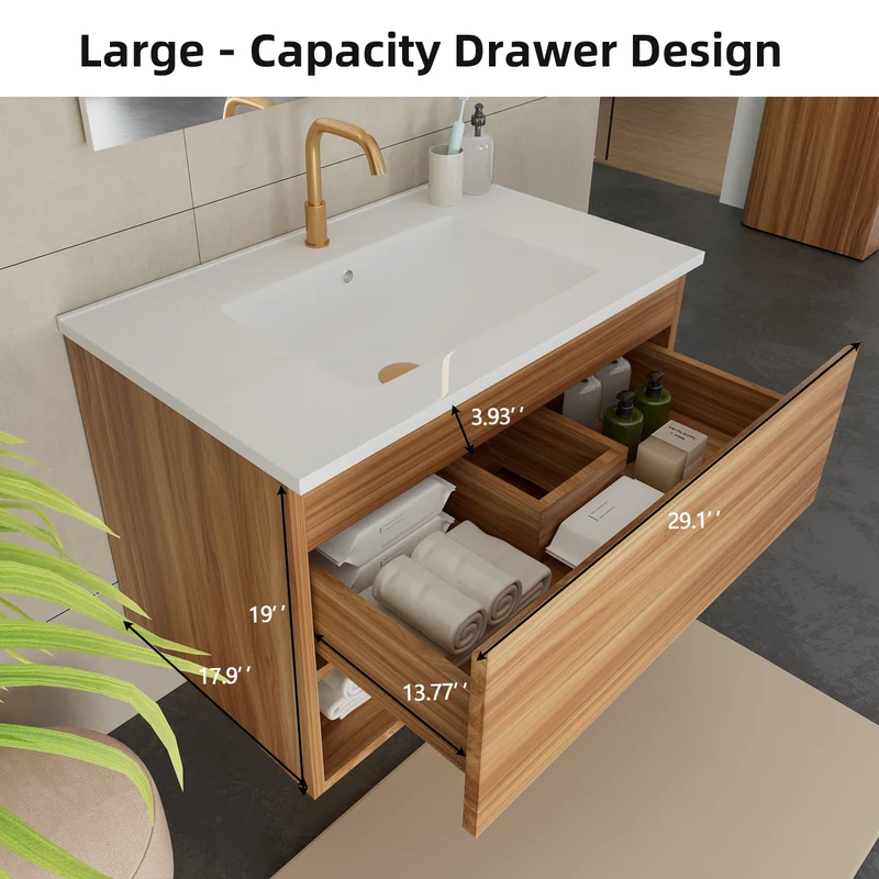 30 Inch Bathroom Vanity Cabinet With Ceramic Sink - Walnut Wall Mounted Floating Fluted Vanity With Drawers, Modern