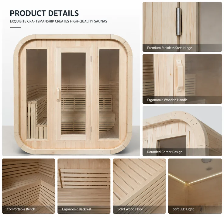 Outdoor Cube Sauna Room 4-6 Person Canadian White Pine Wood Traditional Finnish Sauna with Electric Heater and Tempered Glass