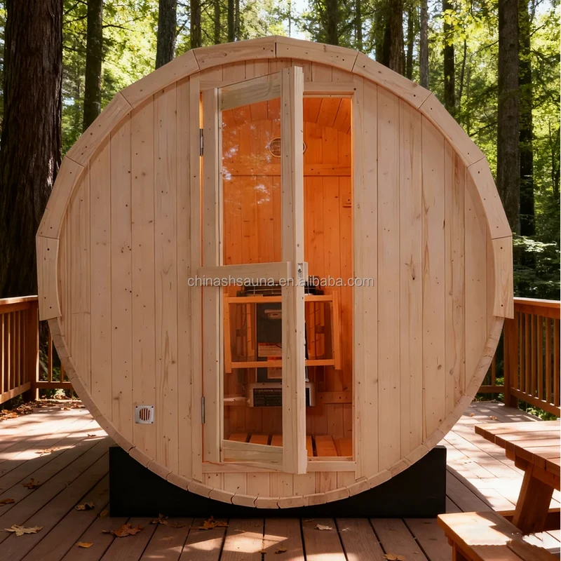 Luxury 6FT Outdoor Barrel Sauna Featuring a Panoramic Glass Front and Premium Commercial-Grade Heater