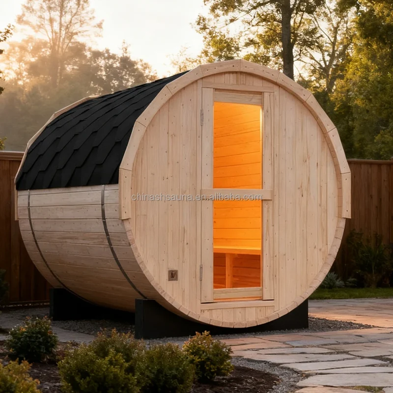 Luxury 6FT Outdoor Barrel Sauna Featuring a Panoramic Glass Front and Premium Commercial-Grade Heater
