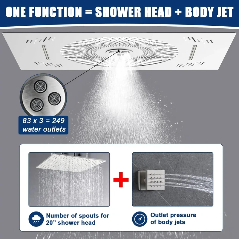 24x16 Inch Large Luxury LED Rainfall Shower Panel, Color Changing Shower Head, Wall Mount