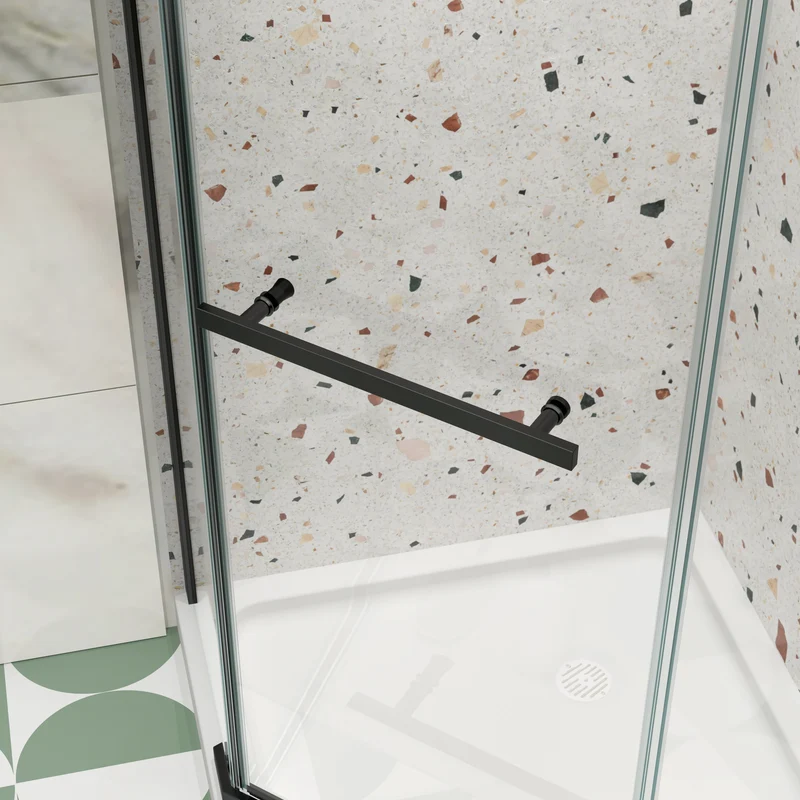 34.75" X 72" Frameless Neo-Angle Pivot Shower Door Matte Black 1/4" Tempered Glass