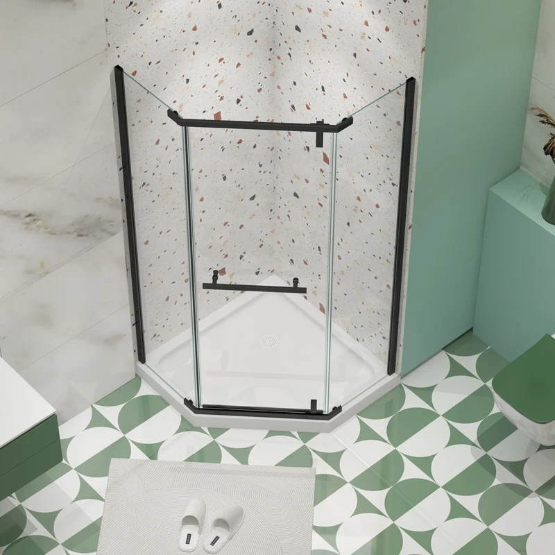 34.75" X 72" Frameless Neo-Angle Pivot Shower Door Matte Black 1/4" Tempered Glass