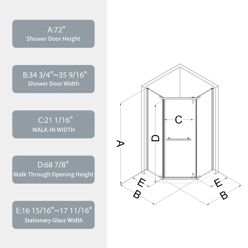 34.75" X 72" Frameless Neo-Angle Pivot Shower Door Matte Black 1/4" Tempered Glass
