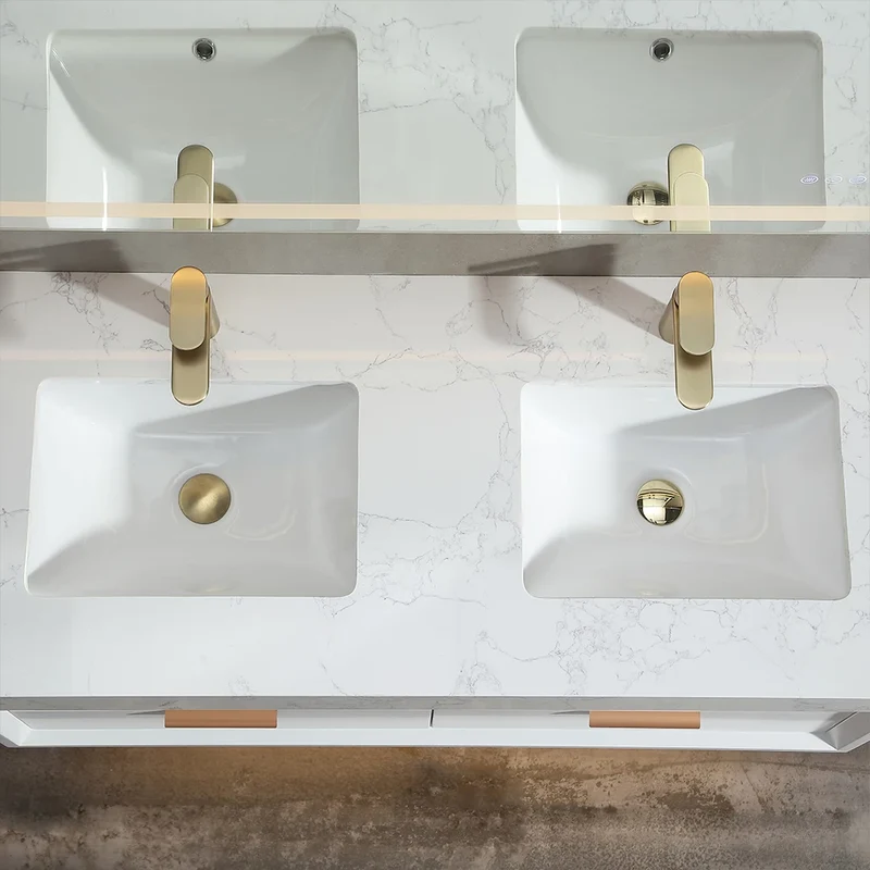 48 Inch White Beveled Edge Floating Bathroom Vanity Rubber Wood 12mm Sintered Stone Double Undermount Sink US Stock Homein