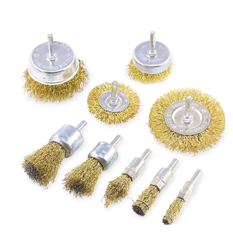 Swpeet 9Pcs Brass Coated Wire Brush Wheel & Cup Brush Set with 1/4-Inch Shank, 9 Sizes Coated Wire Drill Brush Set Perfect
