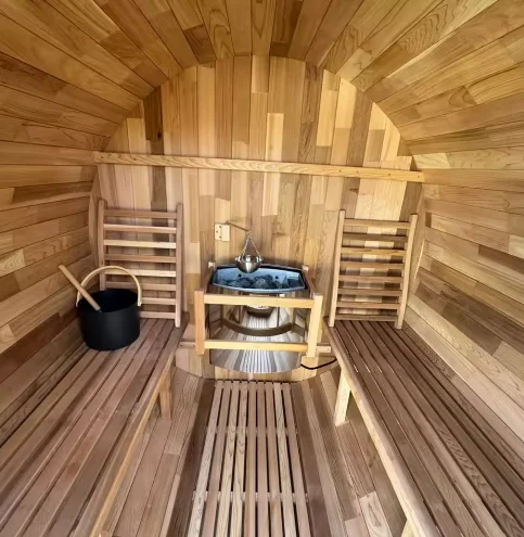 Factory Sale Traditional Outdoor Finnish Steam Sauna Hotel Outdoor Barrel Sauna 6-8 Person with ETL Stove