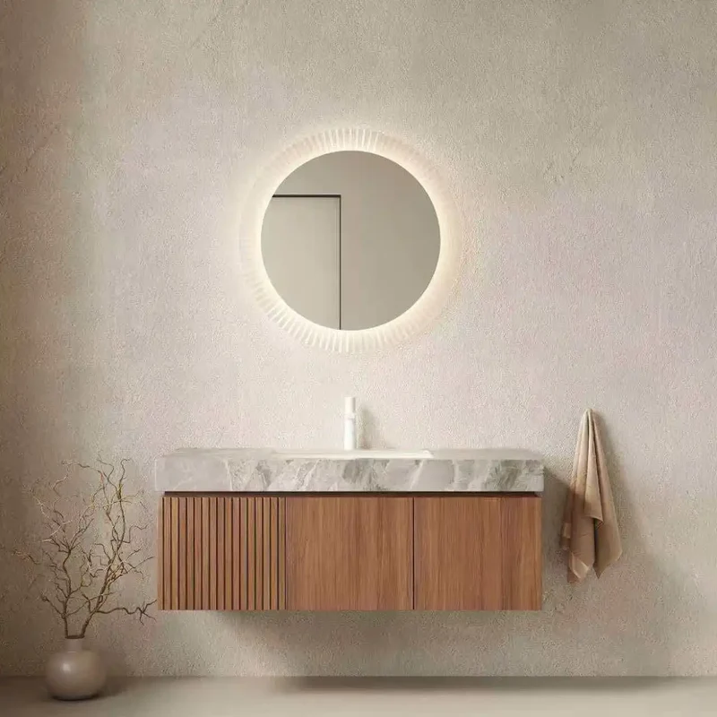 48 Inch Brown Oak Fluted Floating Bathroom Vanity Plywood Sintered Stone Ceramic Basin Free Shipping USA Homein