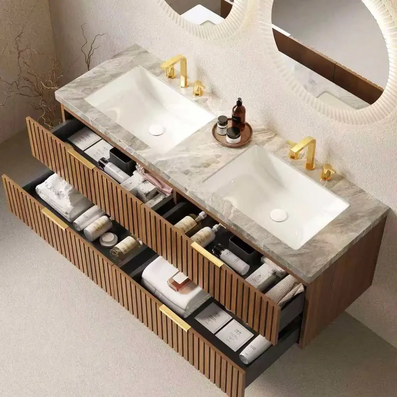60 Inch Brown Oak Floating Bathroom Vanity 4 Drawers Sintered Stone Top Double Sinks Pre Assembled US Local Stock Homein