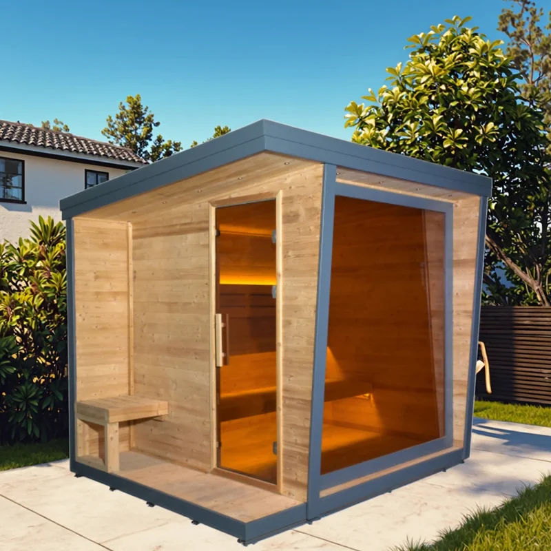 Home Outdoor Square Sauna Gray Wood Traditional Steam Sauna for 2-6 Persons Backyard Spa Square Sauna with Tempered Glass