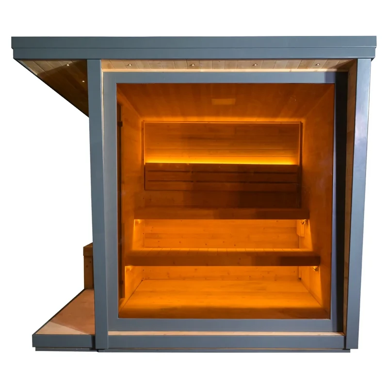 Home Outdoor Square Sauna Gray Wood Traditional Steam Sauna for 2-6 Persons Backyard Spa Square Sauna with Tempered Glass