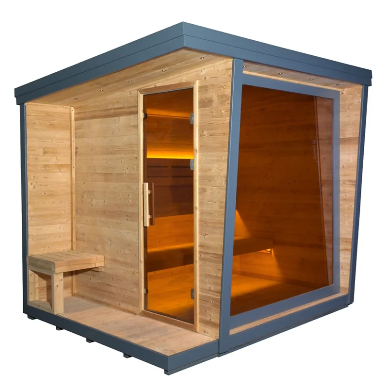 Home Outdoor Square Sauna Gray Wood Traditional Steam Sauna for 2-6 Persons Backyard Spa Square Sauna with Tempered Glass