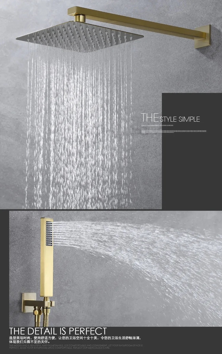 Shower System with Stainless Steel Shower Head for Bathroom Hotel Outdoor Brushed Golden Concealed Shower Set