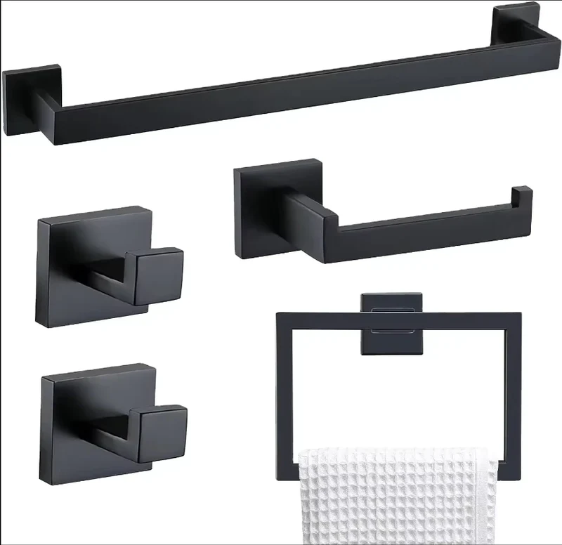 Deao Wall Mounted Towel Rack 5-piece Matte Black Bathroom Hardware Accessory Set Stainless Steel Towel Rod Set