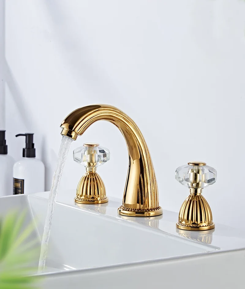 Gold Crystal 3-Hole Basin Split Faucet Bathroom Cabinet Full Copper Washbasin Under Counter Basin Cold and Hot Water Faucet CF96