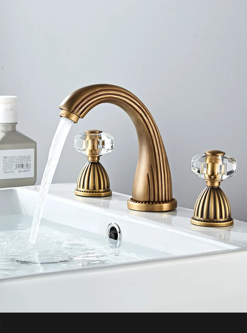 Gold Crystal 3-Hole Basin Split Faucet Bathroom Cabinet Full Copper Washbasin Under Counter Basin Cold and Hot Water Faucet CF96