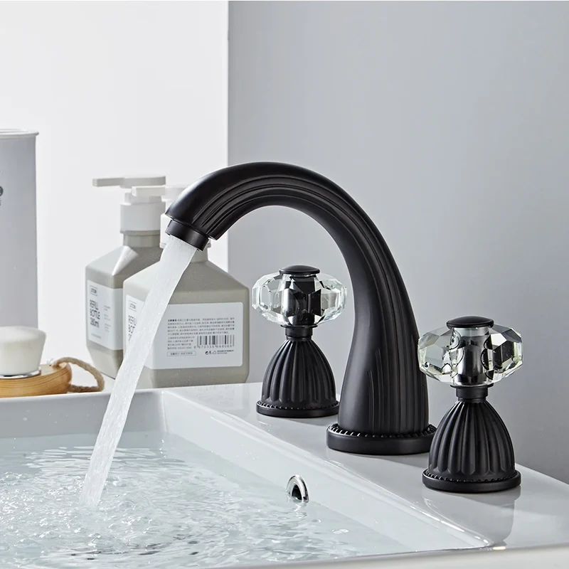 Gold Crystal 3-Hole Basin Split Faucet Bathroom Cabinet Full Copper Washbasin Under Counter Basin Cold and Hot Water Faucet CF96