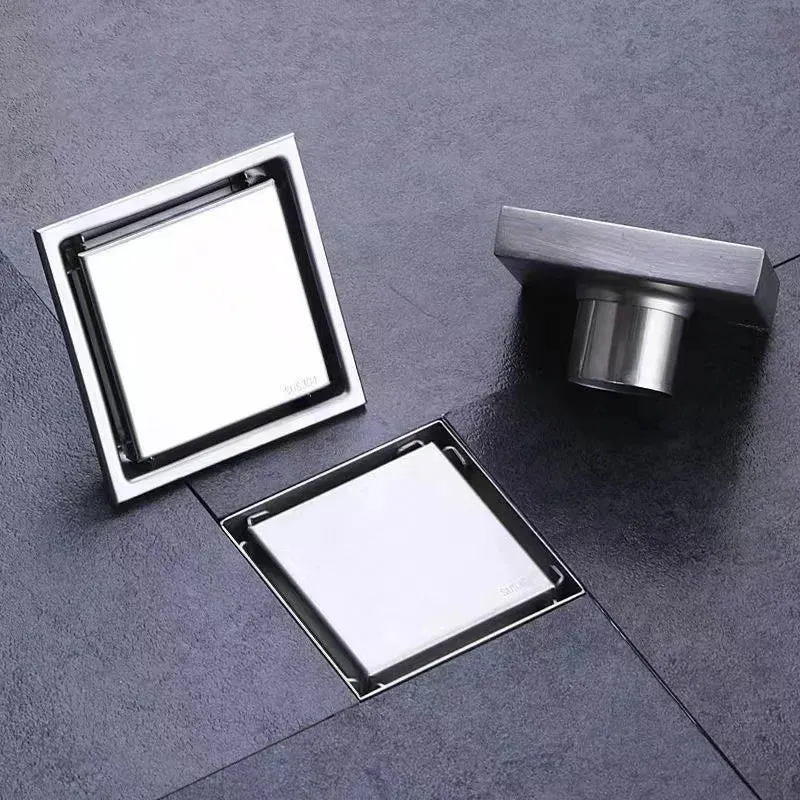 Brushed 4-Inch Square Stainless Steel Shower Floor Drain Invisible Brushed Grate Cover Strainer Tile Insert Bathroom Drainer