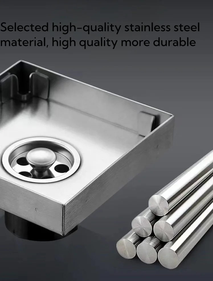 Brushed 4-Inch Square Stainless Steel Shower Floor Drain Invisible Brushed Grate Cover Strainer Tile Insert Bathroom Drainer
