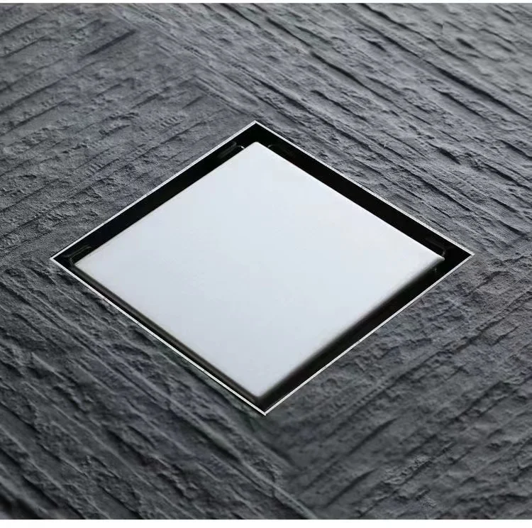 Brushed 4-Inch Square Stainless Steel Shower Floor Drain Invisible Brushed Grate Cover Strainer Tile Insert Bathroom Drainer
