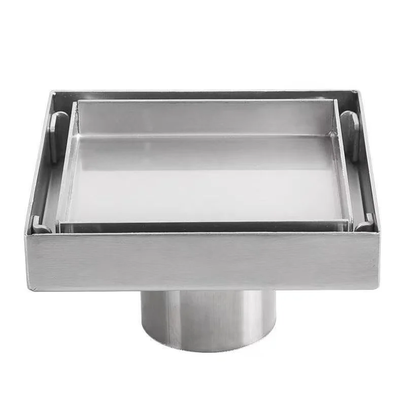 Brushed 4-Inch Square Stainless Steel Shower Floor Drain Invisible Brushed Grate Cover Strainer Tile Insert Bathroom Drainer