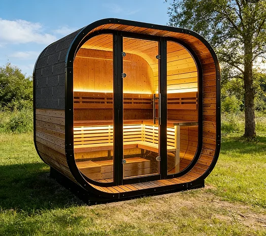 Luxury Carbonized Spruce Outdoor Sauna Electric Heater Cube Barrel Sauna Cabin for Hotel Resort Villa Backyard Garden