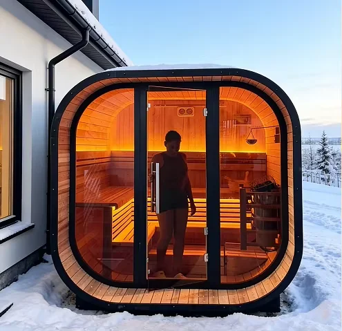 Luxury Carbonized Spruce Outdoor Sauna Electric Heater Cube Barrel Sauna Cabin for Hotel Resort Villa Backyard Garden