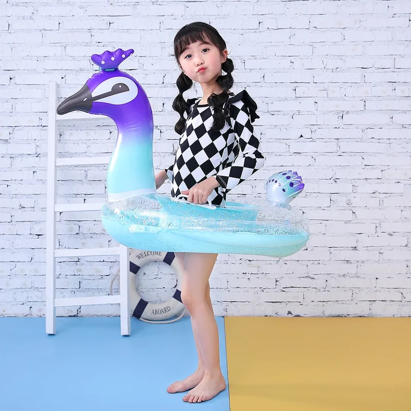 Peacock Lovely Eco-friendly PVC Inflatable Bubble Bottom Sequin Seating Swim Ring for Kids Water Sport
