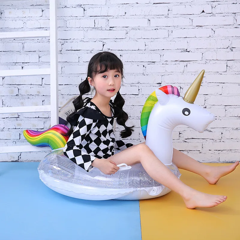 Hot Selling Eco-friendly PVC Inflatable Bubble Bottom Sequin Flamingo Unicorn Children's Seat Ring for Kids Water Sport