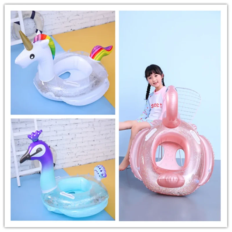 Hot Selling Eco-friendly PVC Inflatable Bubble Bottom Sequin Flamingo Unicorn Children's Seat Ring for Kids Water Sport