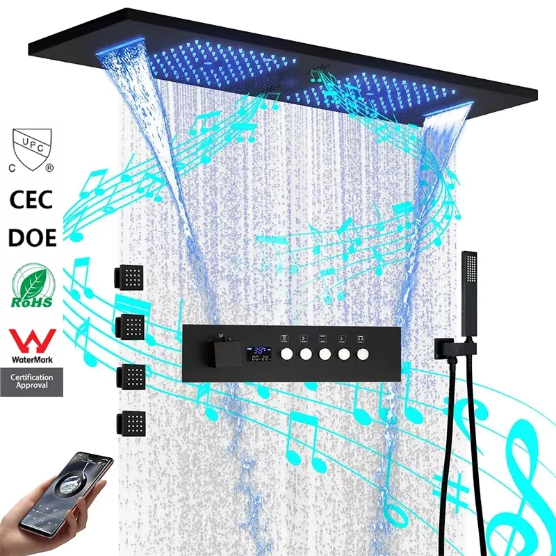 Ceiling Rain Shower Matte Black Modern LED Music Shower Set 36*12inch Bathroom Thermostatic Digital Smart Mixed System