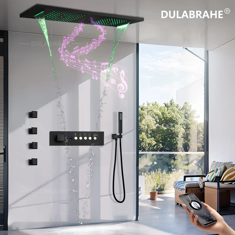 Ceiling Rain Shower Matte Black Modern LED Music Shower Set 36*12inch Bathroom Thermostatic Digital Smart Mixed System