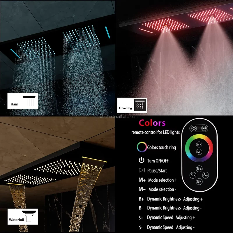 Ceiling Rain Shower Matte Black Modern LED Music Shower Set 36*12inch Bathroom Thermostatic Digital Smart Mixed System