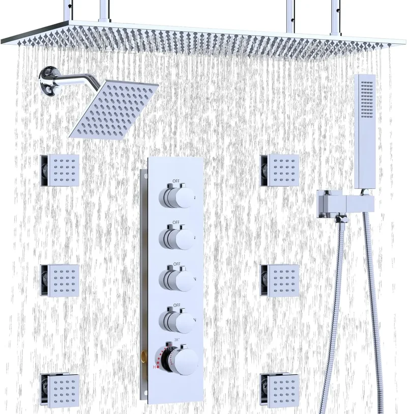 Dual Shower System 15.7x31.5" Rainfall Chrome Rain Shower Handheld Brass 6" Shower Heads Featuring 6pcs Body Jets Soft Spray