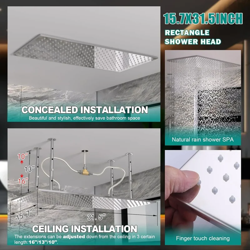 Dual Shower System 15.7x31.5" Rainfall Chrome Rain Shower Handheld Brass 6" Shower Heads Featuring 6pcs Body Jets Soft Spray