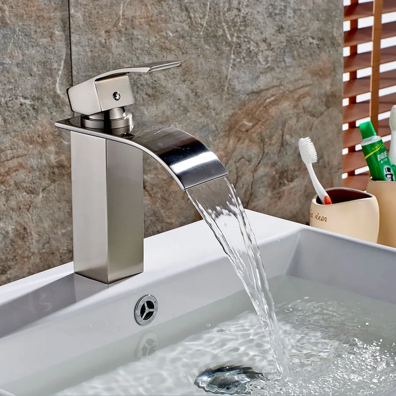 Modern Bathroom Single Handle Basin Mixer Brushed Aluminum Sink Waterfall Single Hole New Contemporary Ceramic Bath Room