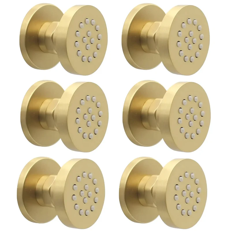 Brass Round Shower Body Spray Jets 6 Pack,2 Inch Brushed Gold Rain Shower Head Wall Mount Rainfall Shower Head Sprayer