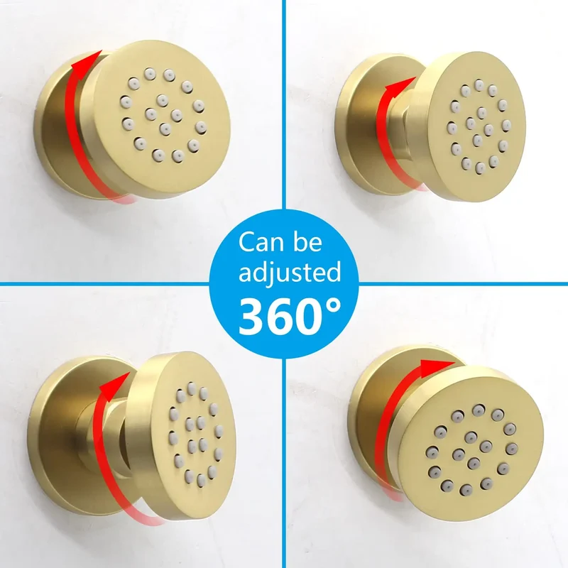 Brass Round Shower Body Spray Jets 6 Pack,2 Inch Brushed Gold Rain Shower Head Wall Mount Rainfall Shower Head Sprayer