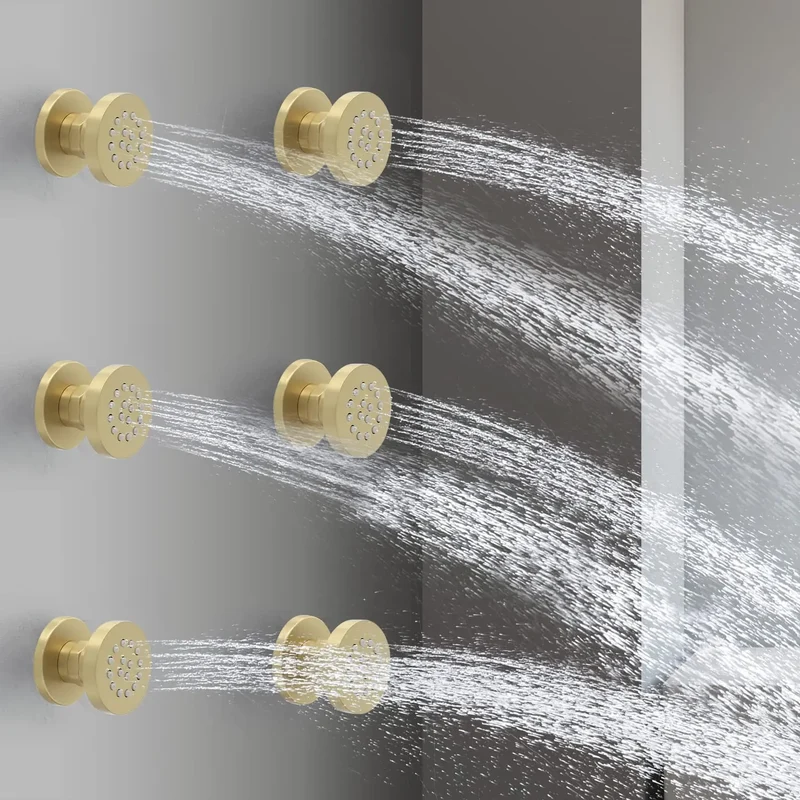 Brass Round Shower Body Spray Jets 6 Pack,2 Inch Brushed Gold Rain Shower Head Wall Mount Rainfall Shower Head Sprayer