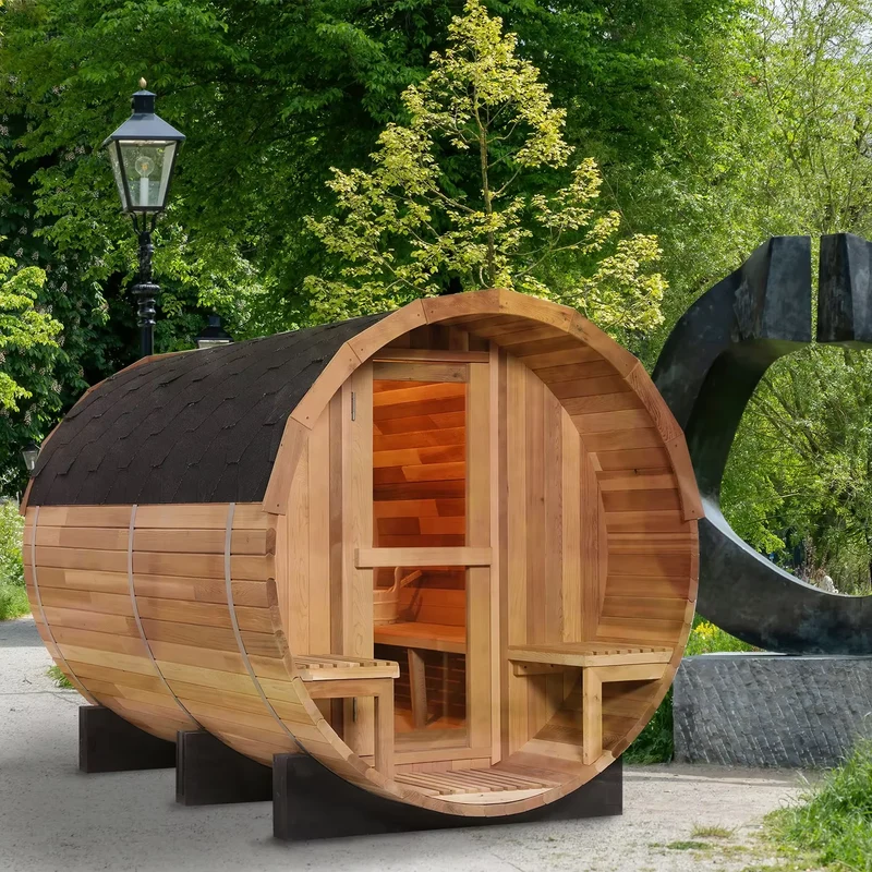 US Stock Traditional Canadian Cedar Barrel Sauna 4-6 Person Dry Steam Sauna with Red Cedar Solid Wood