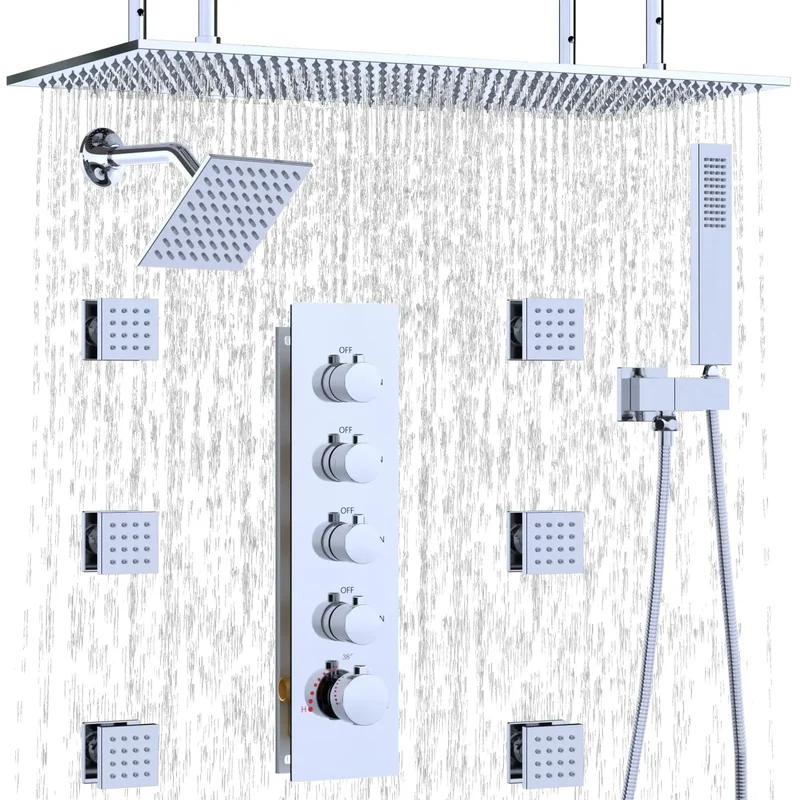Shower System with Rain Shower and Handheld, 6 Pcs Body Jets with Rainfall and 6 Pcs Shower Heads