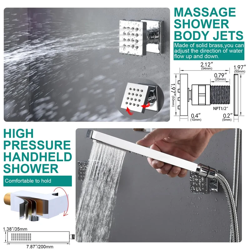 Shower System with Rain Shower and Handheld, 6 Pcs Body Jets with Rainfall and 6 Pcs Shower Heads