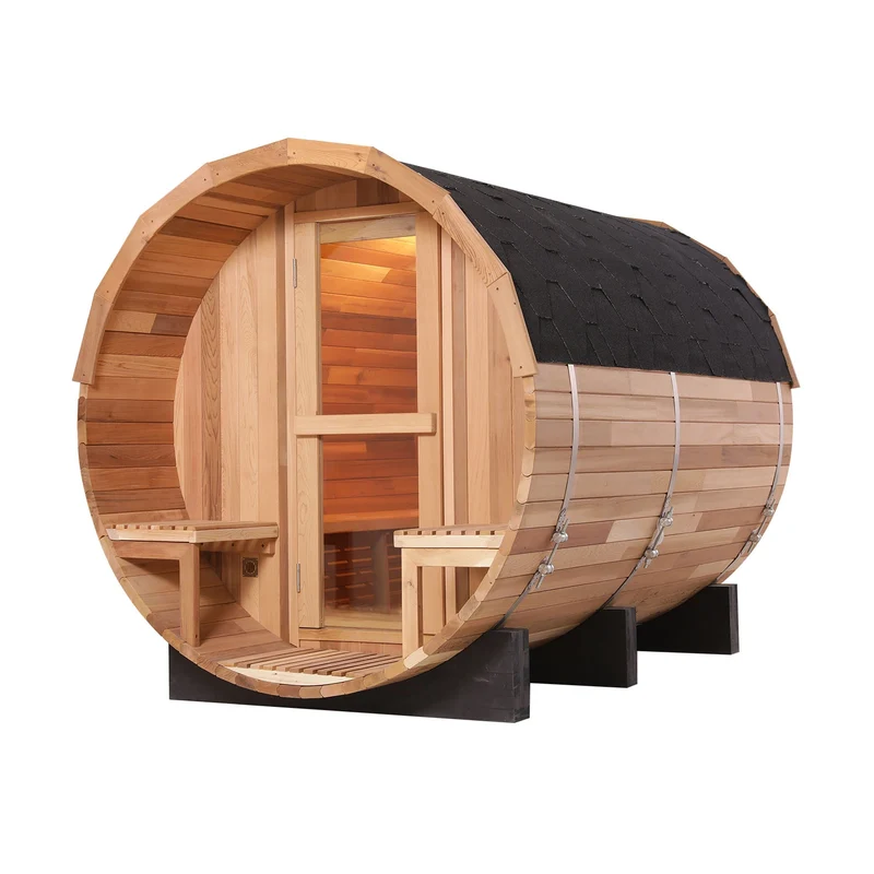 Popular High Quality Sauna Red Cedar Outdoor Round Barrel Sauna Room with Semicircle Glass View Window 4-6 Person Home Sauna